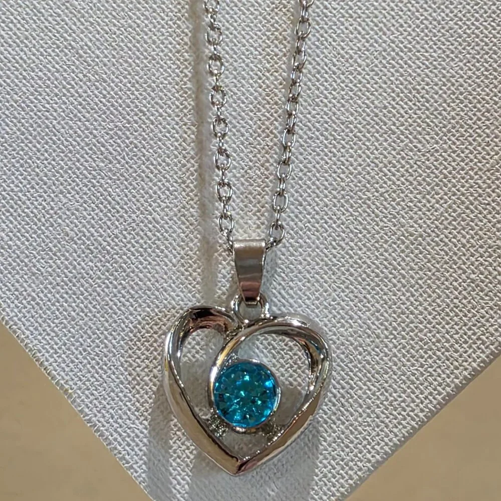 Silver-tone Light Blue Solitaire Stone Open Heart Pendant Silver Chain Necklace